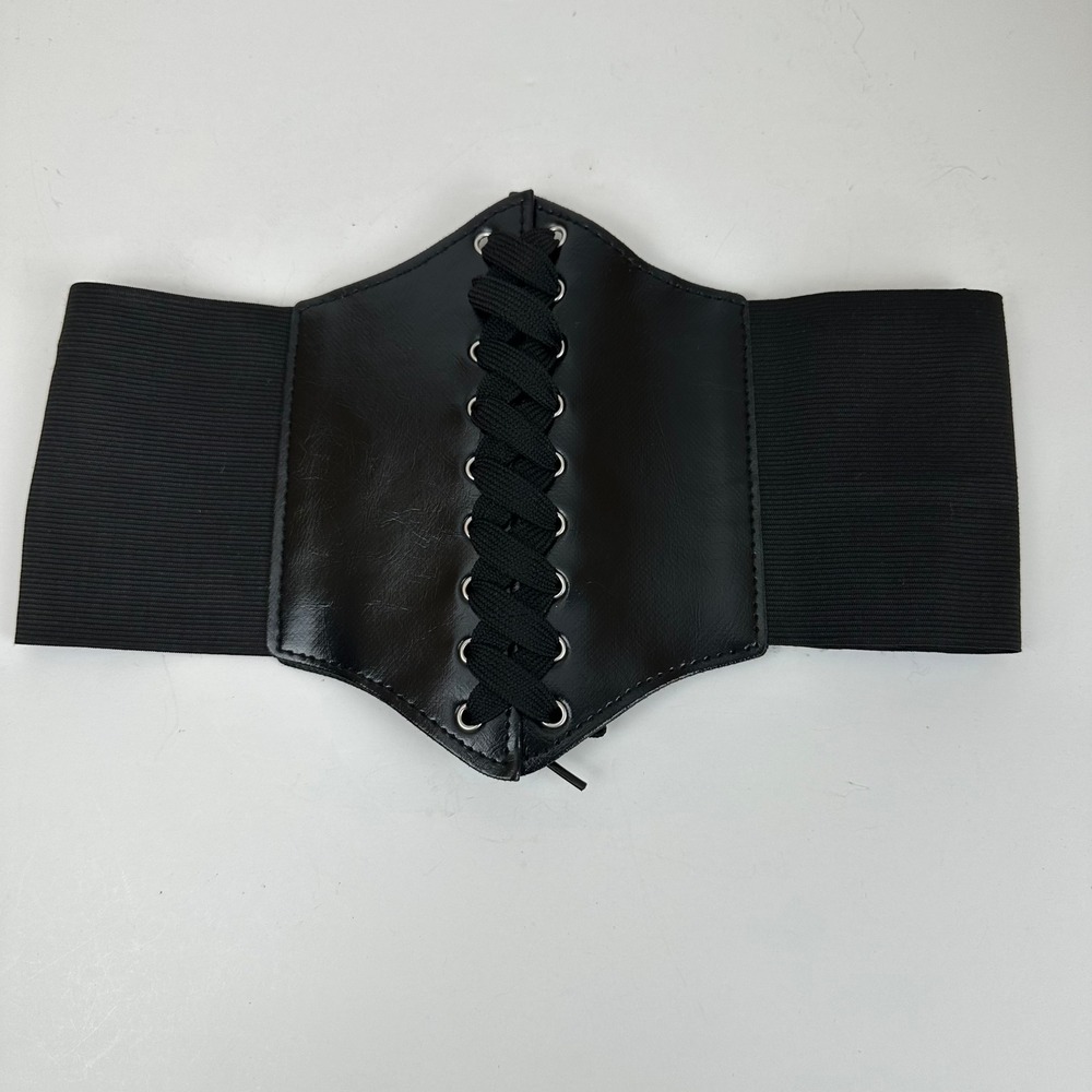 Black Faux Leather Lace Up Corset Belt Elastic Waist Cincher Gothic Steampunk
